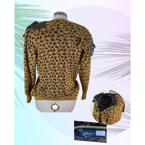 Vintage 80s Graced by Starr Faux Fur Studded Suede Leopard Print Sweater Size S - Picture 3 of 4